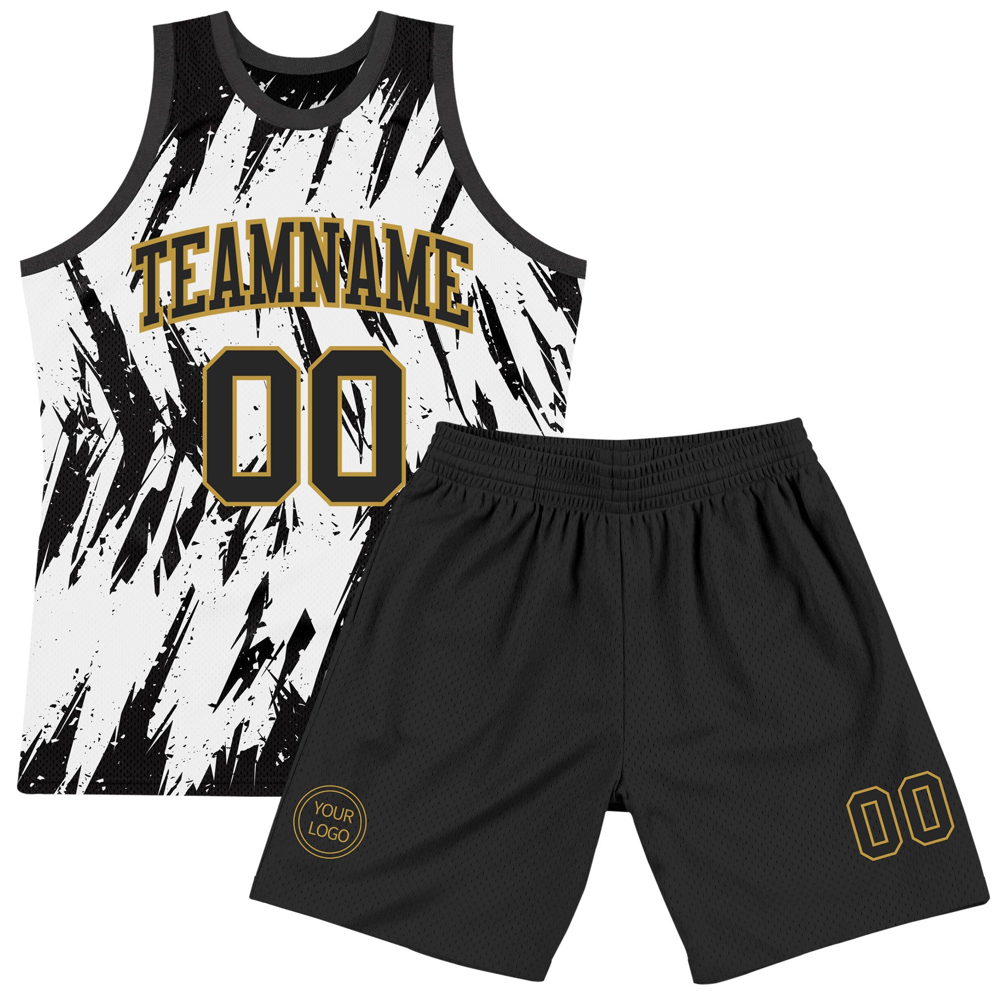 Custom White Black-Old Gold Abstract Sharp Shape Fragment Art Round Neck Sublimation Basketball Suit Jersey