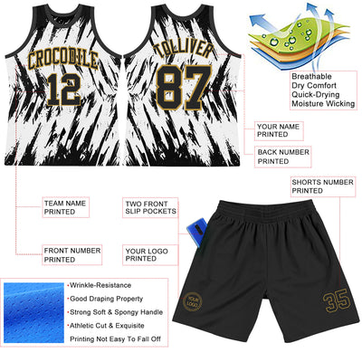 Custom White Black-Old Gold Abstract Sharp Shape Fragment Art Round Neck Sublimation Basketball Suit Jersey