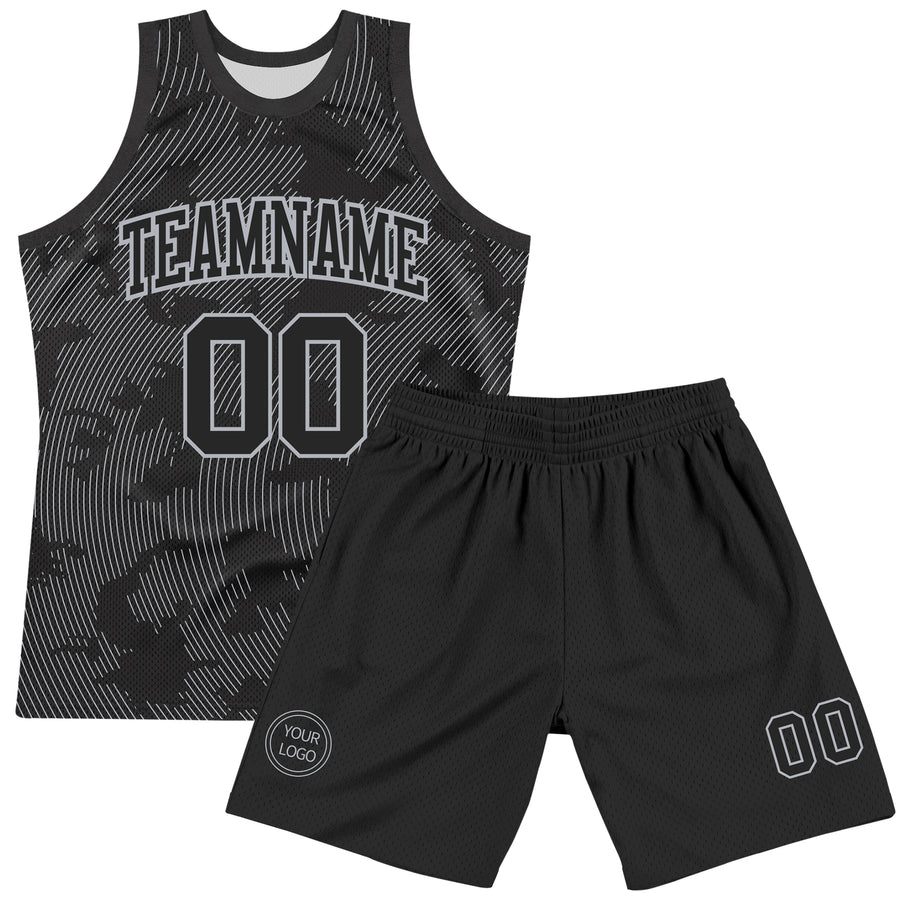 Custom Black Gray Curve Lines Round Neck Sublimation Basketball Suit Jersey