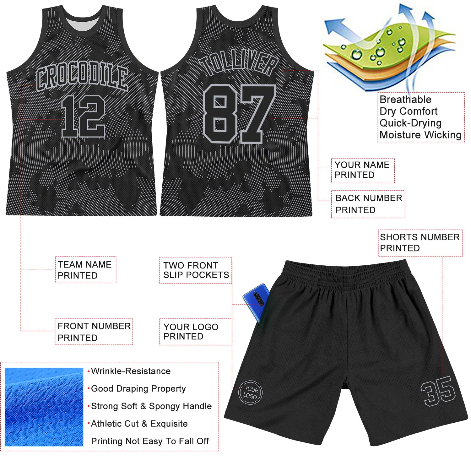 Custom Black Gray Curve Lines Round Neck Sublimation Basketball Suit Jersey