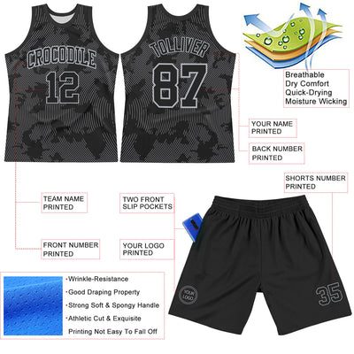Custom Black Gray Curve Lines Round Neck Sublimation Basketball Suit Jersey