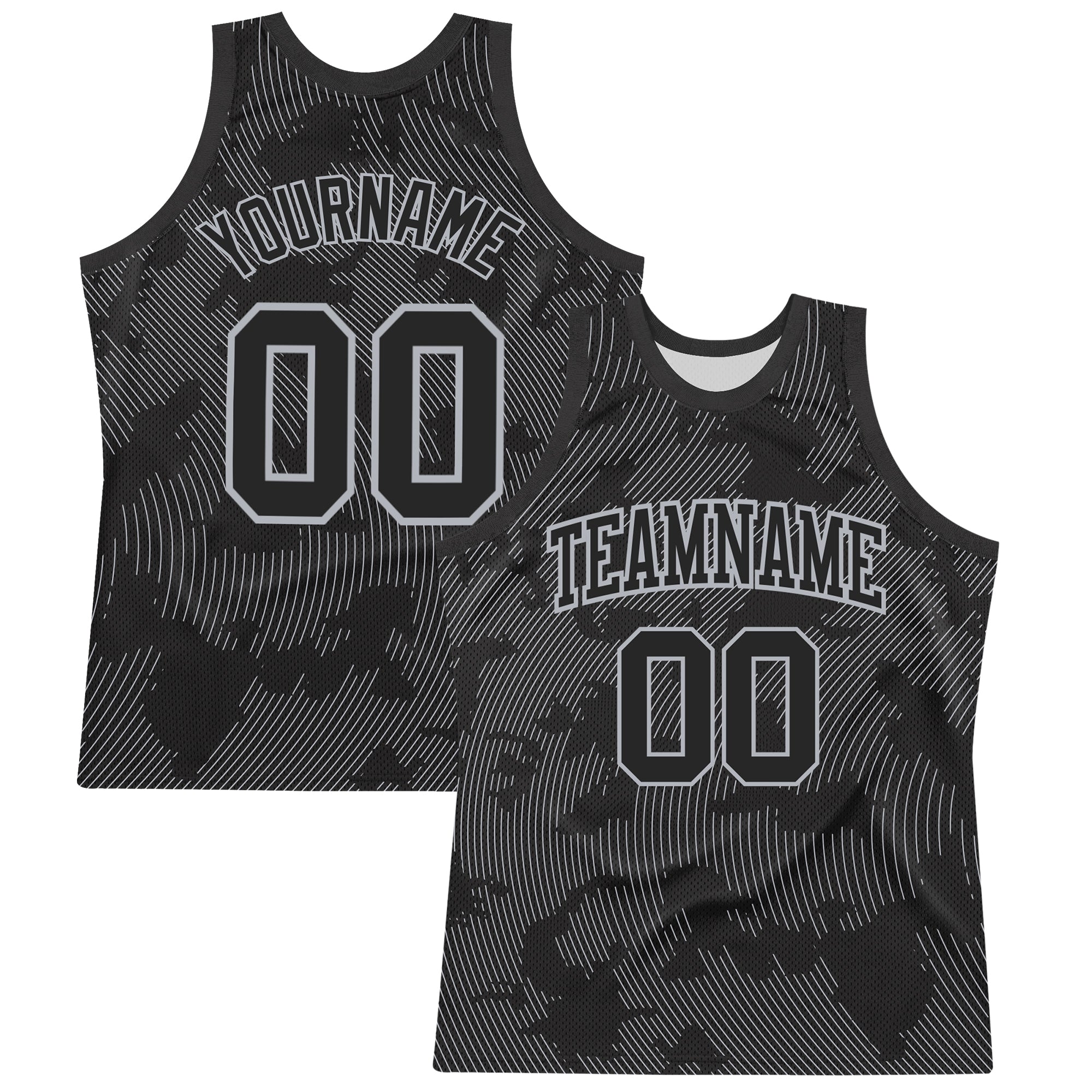 Custom Black Gray Curve Lines Round Neck Sublimation Basketball Suit Jersey