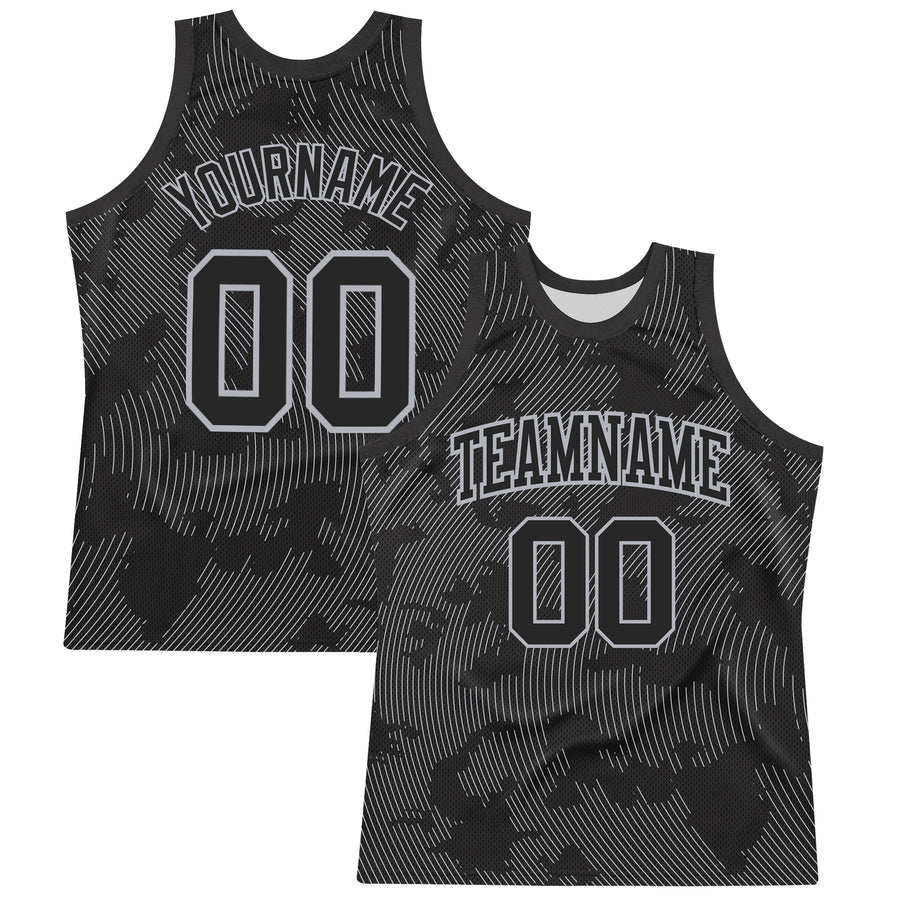 Custom Black Gray Curve Lines Round Neck Sublimation Basketball Suit Jersey