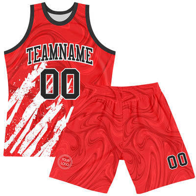 Custom Red Black-White Splash Round Neck Sublimation Basketball Suit Jersey