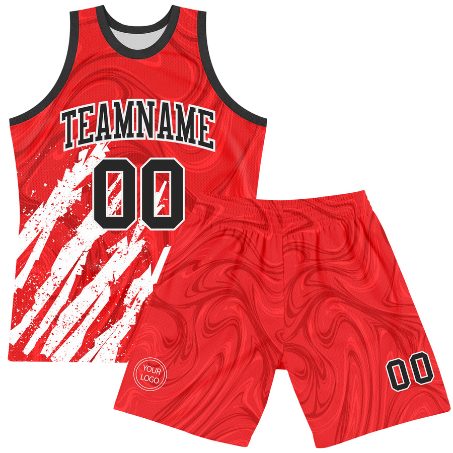 Custom Red Black-White Splash Round Neck Sublimation Basketball Suit Jersey