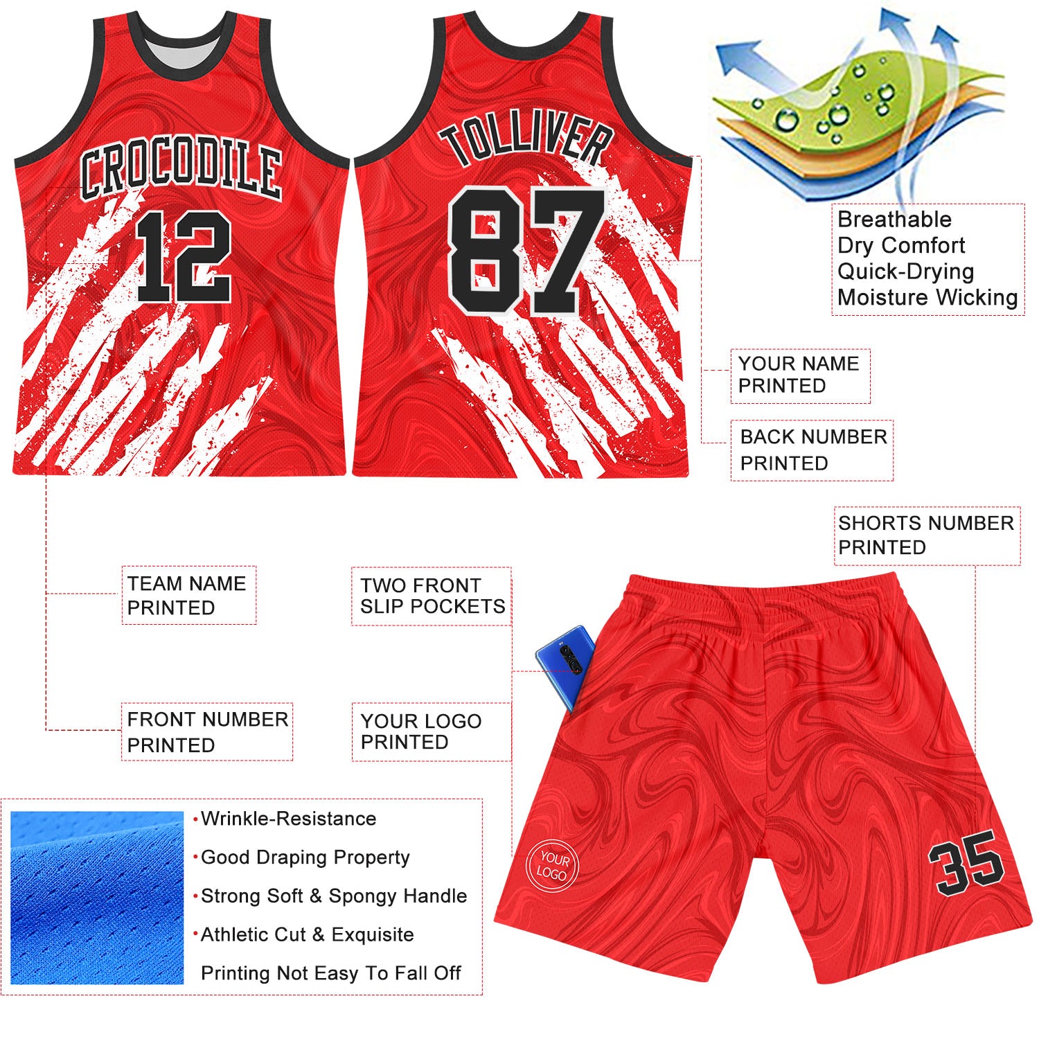 Custom Red Black-White Splash Round Neck Sublimation Basketball Suit Jersey