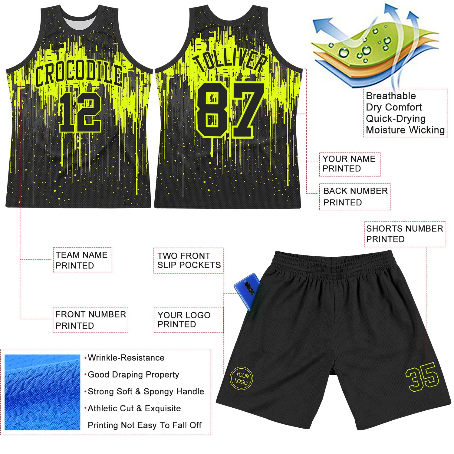 Custom Black Neon Green Dripping Splatter Art Round Neck Sublimation Basketball Suit Jersey