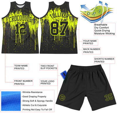Custom Black Neon Green Dripping Splatter Art Round Neck Sublimation Basketball Suit Jersey