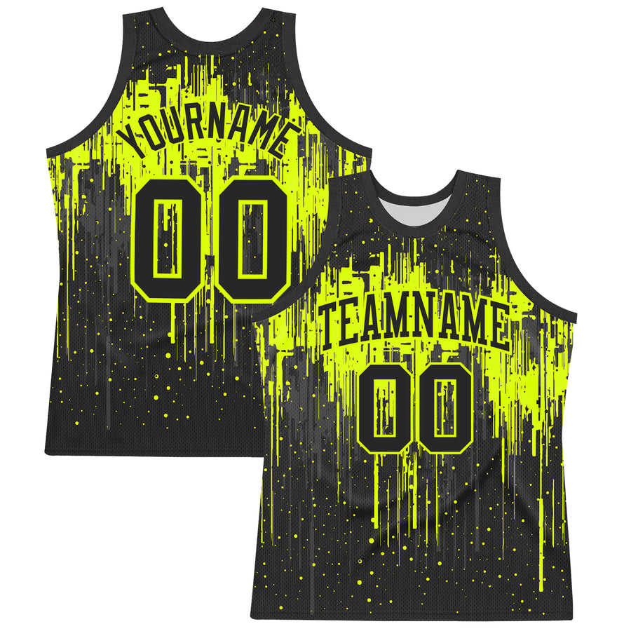 Custom Black Neon Green Dripping Splatter Art Round Neck Sublimation Basketball Suit Jersey