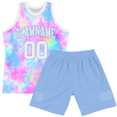Custom Tie Dye White-Light Blue Round Neck Sublimation Basketball Suit Jersey