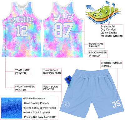 Custom Tie Dye White-Light Blue Round Neck Sublimation Basketball Suit Jersey