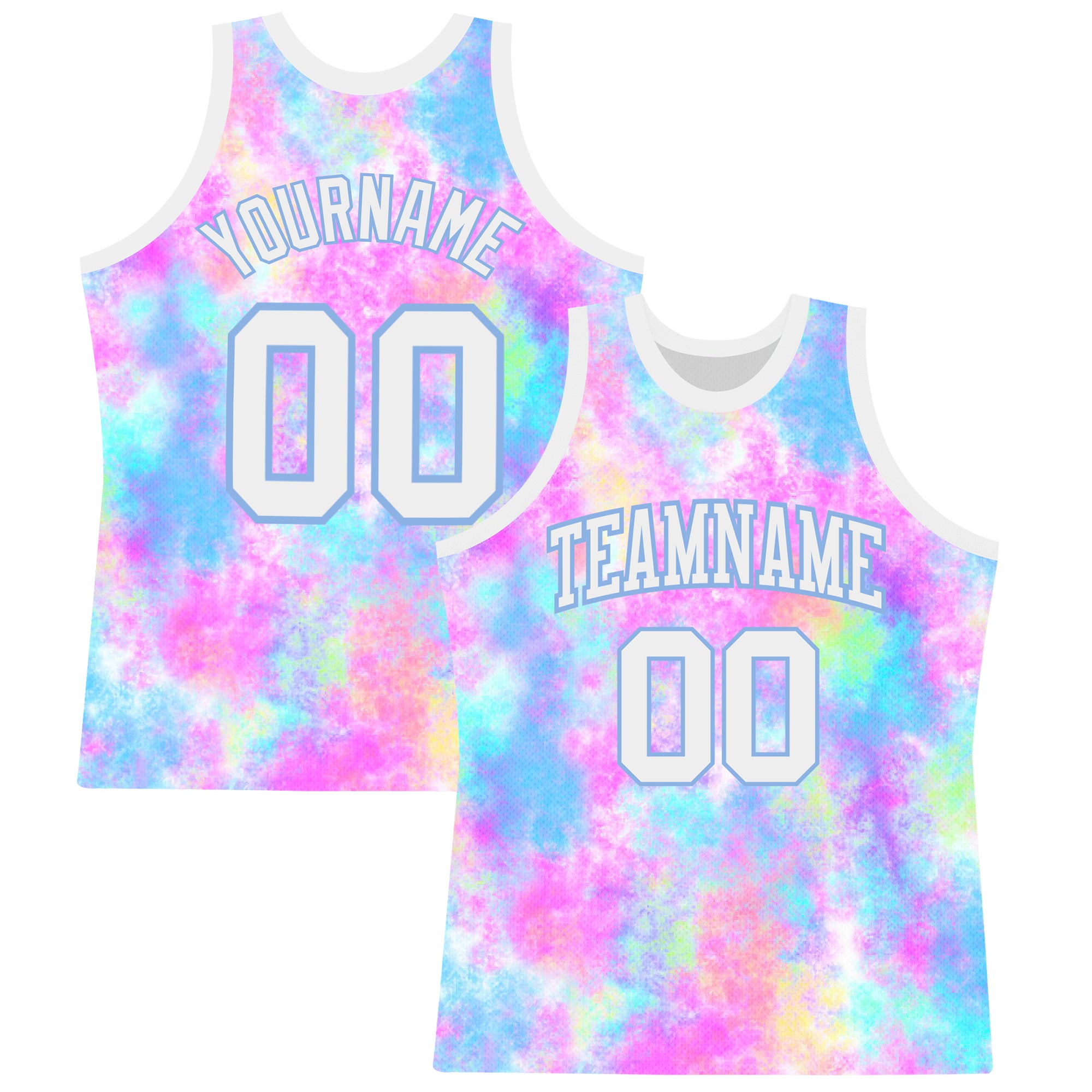 Custom Tie Dye White-Light Blue Round Neck Sublimation Basketball Suit Jersey