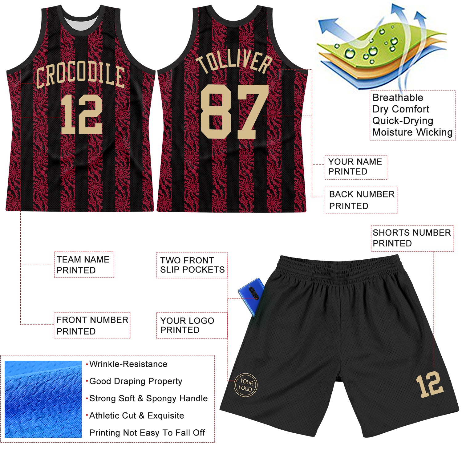 Custom Black Vegas Gold-Red Abstract Shape Round Neck Sublimation Basketball Suit Jersey