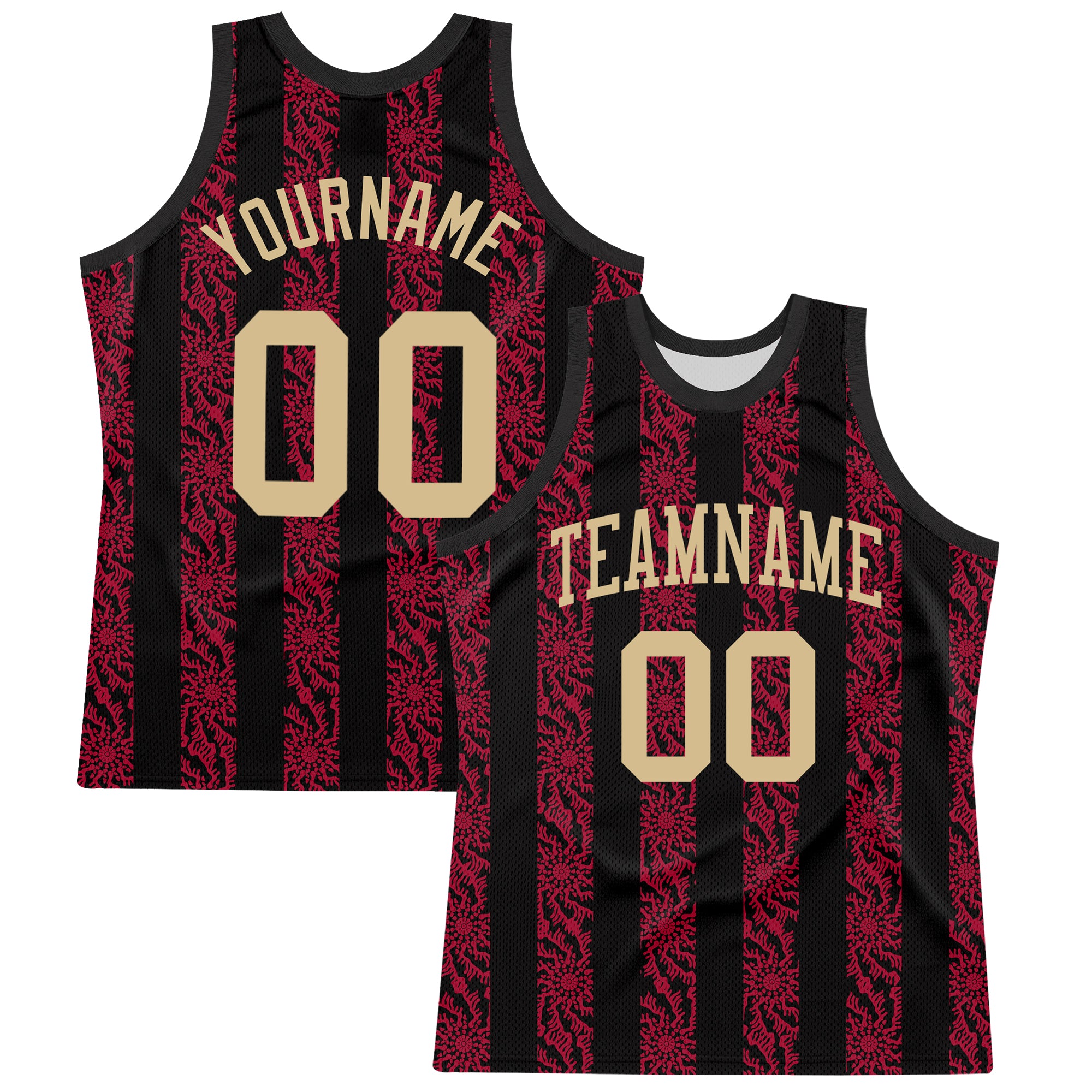 Custom Black Vegas Gold-Red Abstract Shape Round Neck Sublimation Basketball Suit Jersey
