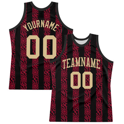Custom Black Vegas Gold-Red Abstract Shape Round Neck Sublimation Basketball Suit Jersey