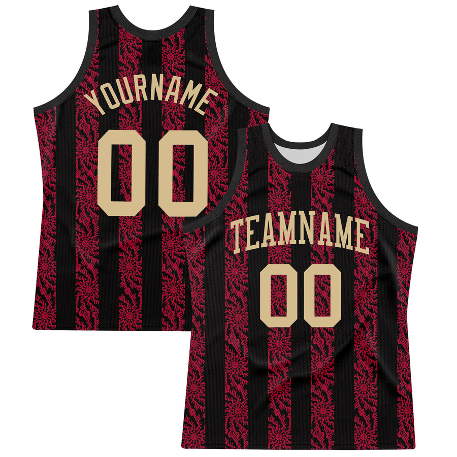 Custom Black Vegas Gold-Red Abstract Shape Round Neck Sublimation Basketball Suit Jersey