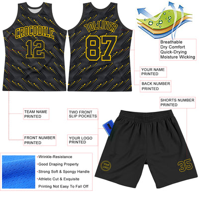 Custom Black Yellow Slant Lines Round Neck Sublimation Basketball Suit Jersey