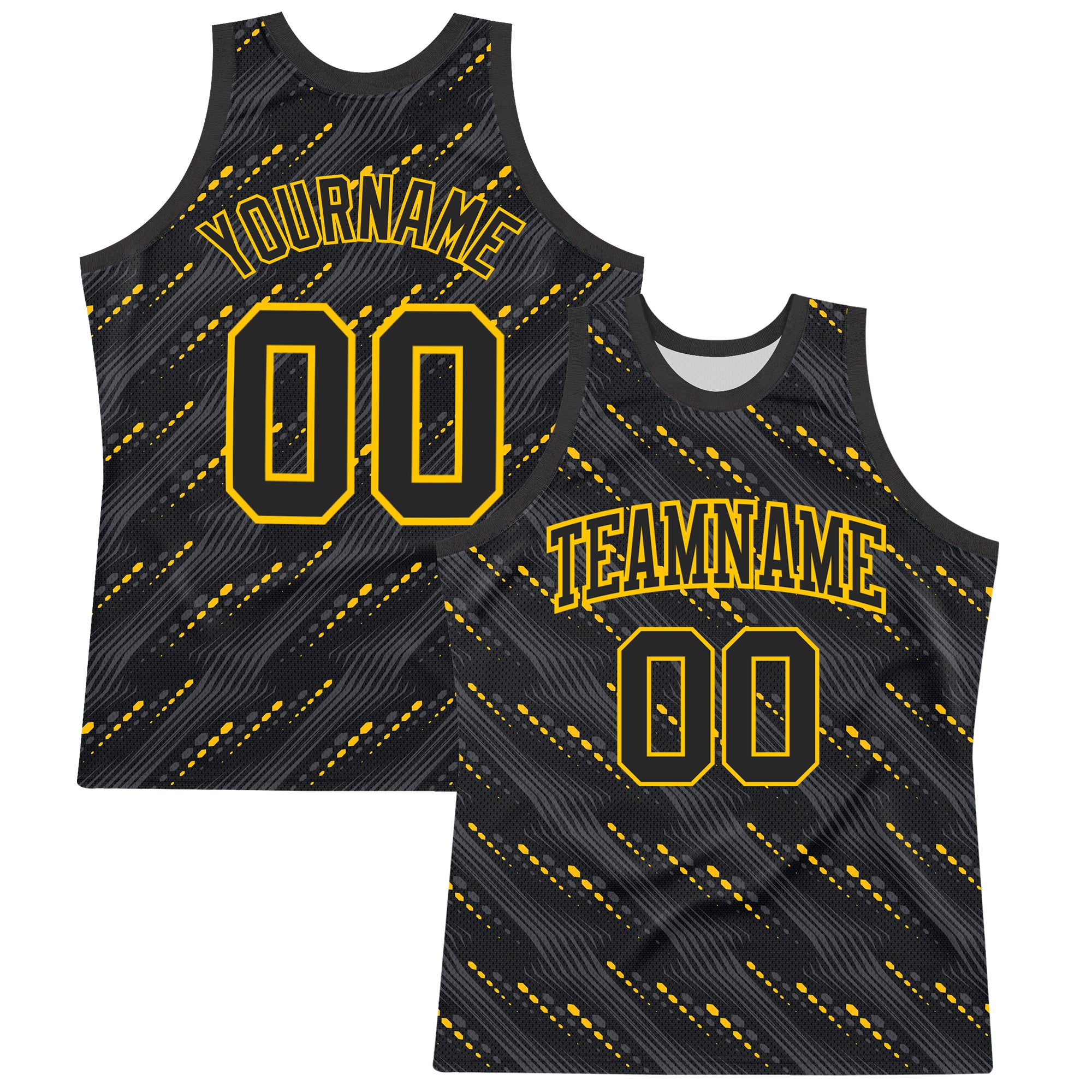 Custom Black Yellow Slant Lines Round Neck Sublimation Basketball Suit Jersey