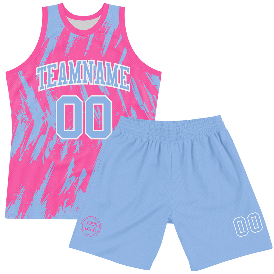 Custom Pink Light Blue-White Abstract Sharp Shape Fragment Art Round Neck Sublimation Basketball Suit Jersey