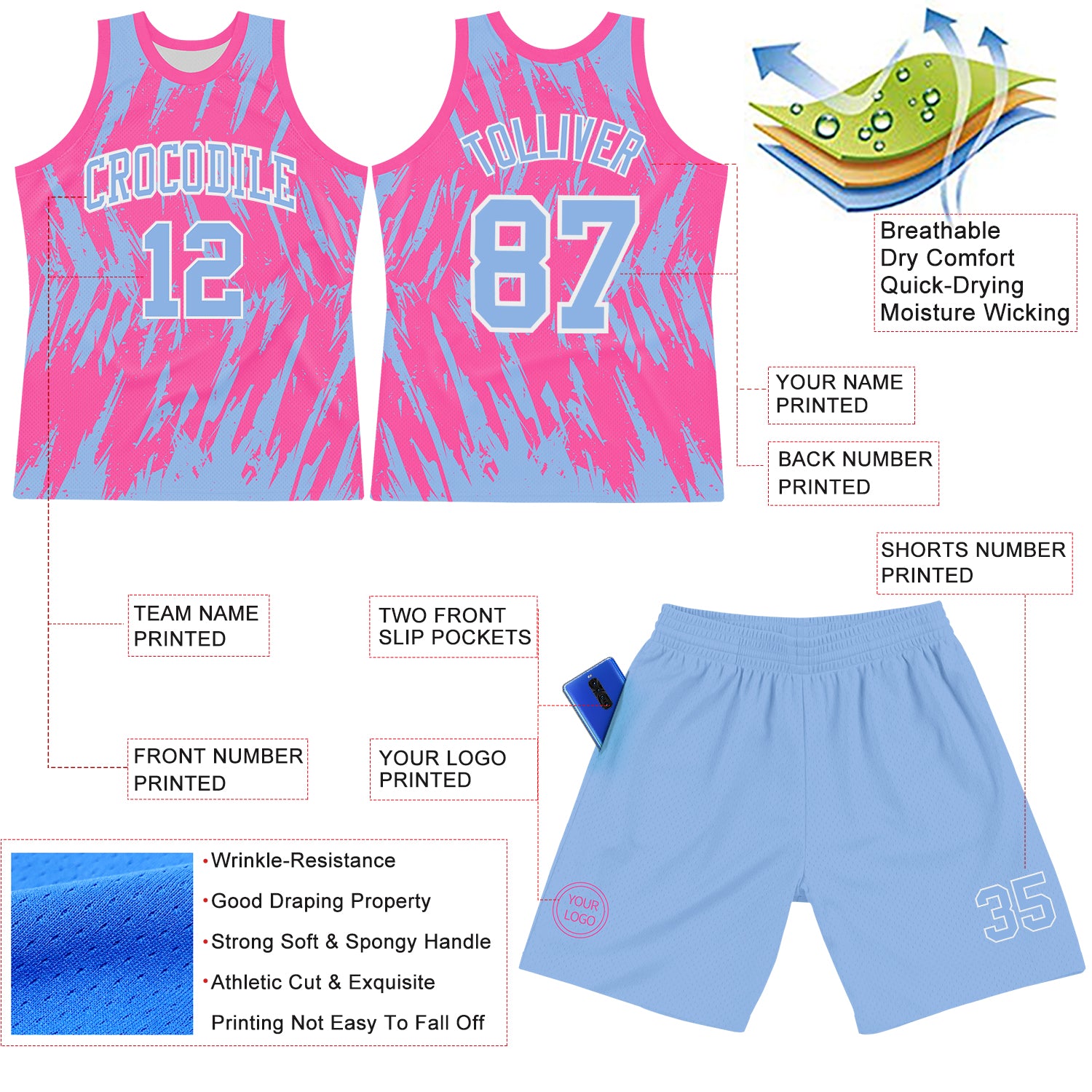 Custom Pink Light Blue-White Abstract Sharp Shape Fragment Art Round Neck Sublimation Basketball Suit Jersey