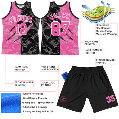 Custom Graffiti Pattern Pink Black-White Scratch Round Neck Sublimation Basketball Suit Jersey