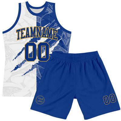 Custom Graffiti Pattern Royal White-Old Gold Scratch Round Neck Sublimation Basketball Suit Jersey