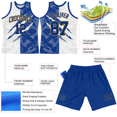 Custom Graffiti Pattern Royal White-Old Gold Scratch Round Neck Sublimation Basketball Suit Jersey