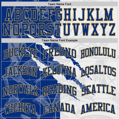 Custom Graffiti Pattern Royal White-Old Gold Scratch Round Neck Sublimation Basketball Suit Jersey