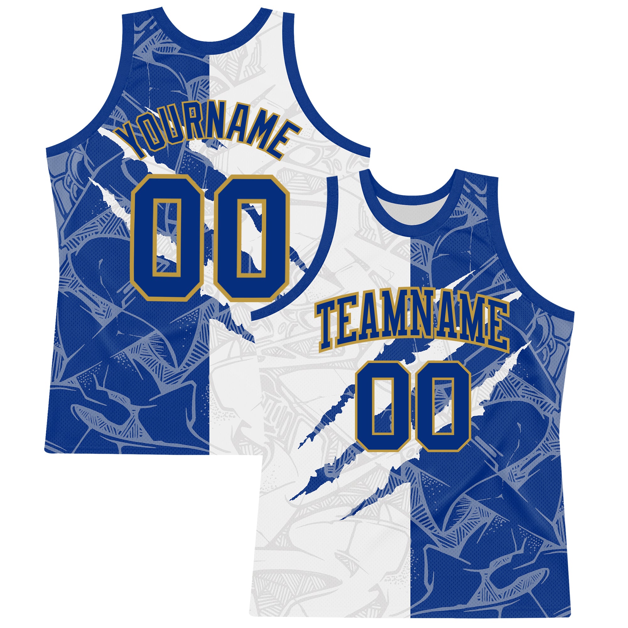 Custom Graffiti Pattern Royal White-Old Gold Scratch Round Neck Sublimation Basketball Suit Jersey