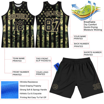 Custom Camo Black-Vegas Gold American Flag Round Neck Sublimation Salute To Service Basketball Suit Jersey