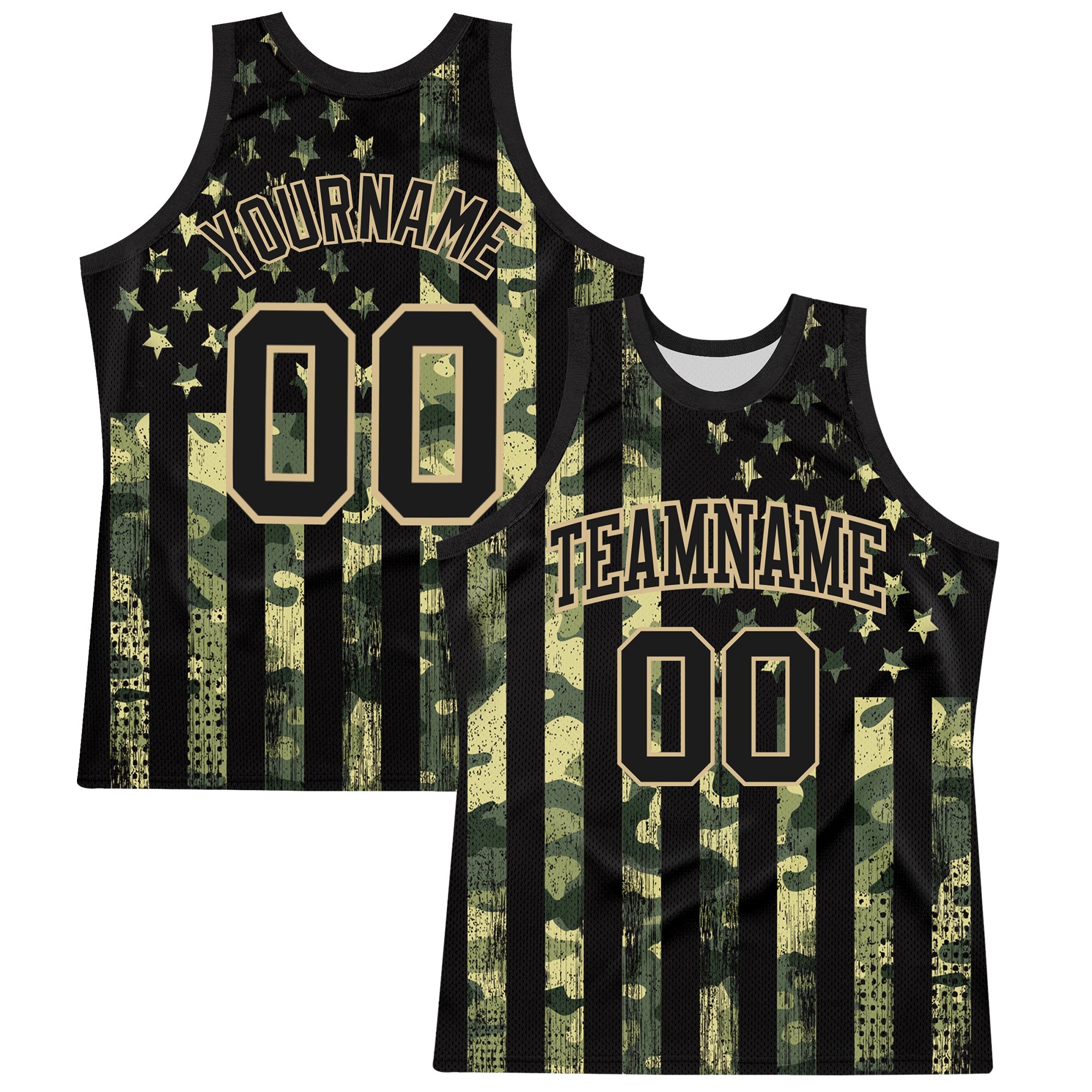 Custom Camo Black-Vegas Gold American Flag Round Neck Sublimation Salute To Service Basketball Suit Jersey