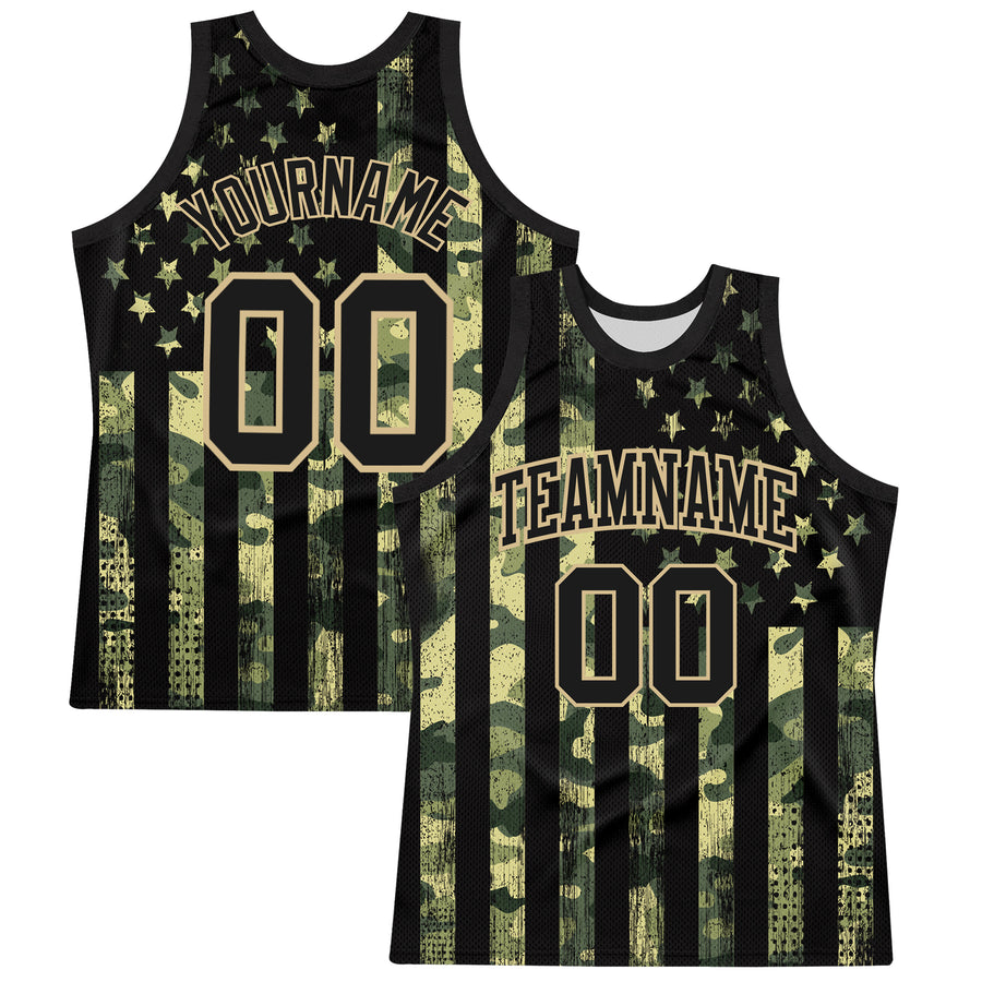 Custom Camo Black-Vegas Gold American Flag Round Neck Sublimation Salute To Service Basketball Suit Jersey
