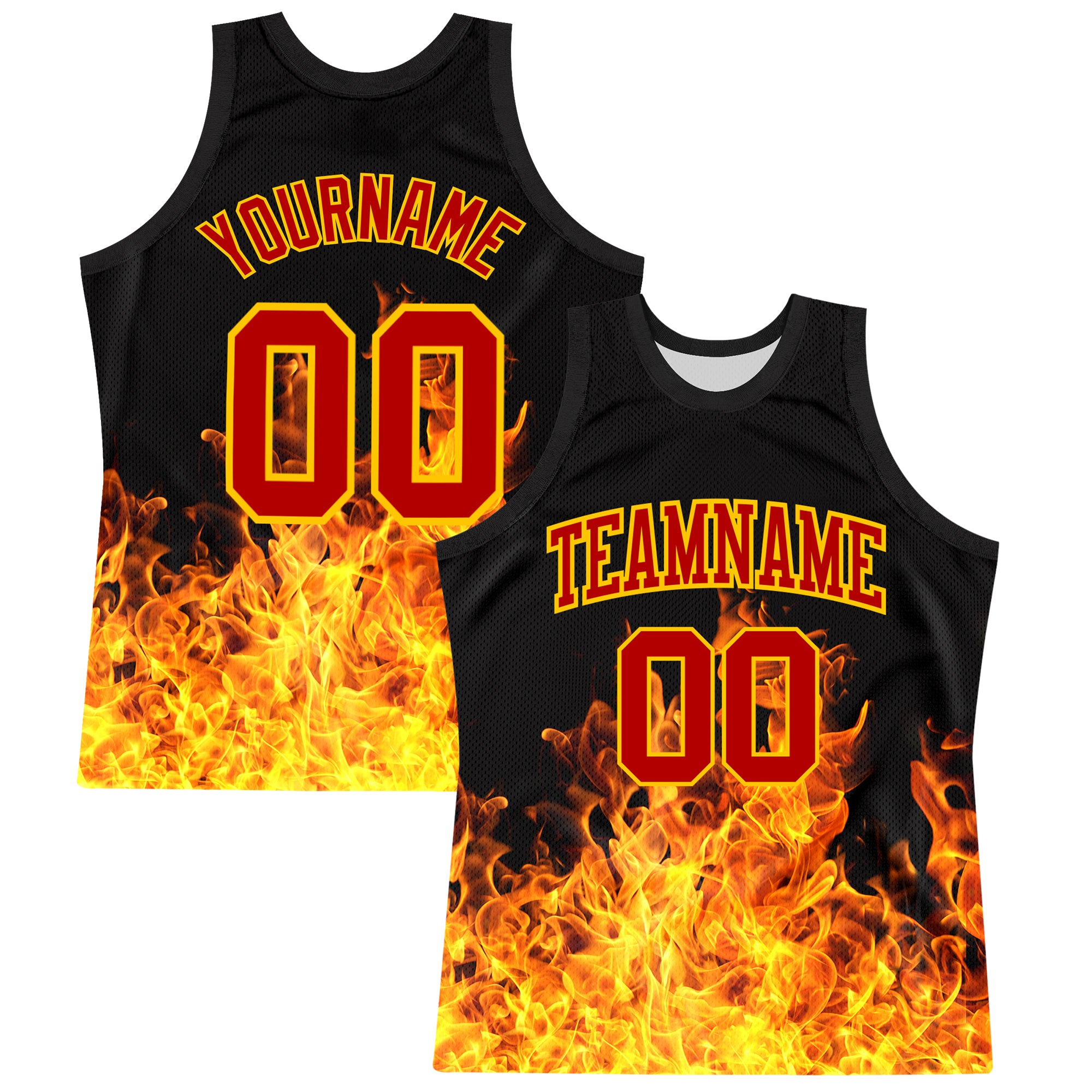 Custom Black Red-Yellow Flame Round Neck Sublimation Basketball Suit Jersey
