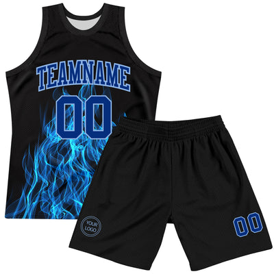 Custom Black Royal-Light Blue Flame Round Neck Sublimation Basketball Suit Jersey