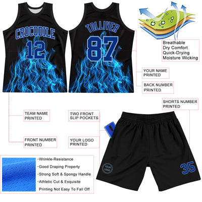 Custom Black Royal-Light Blue Flame Round Neck Sublimation Basketball Suit Jersey