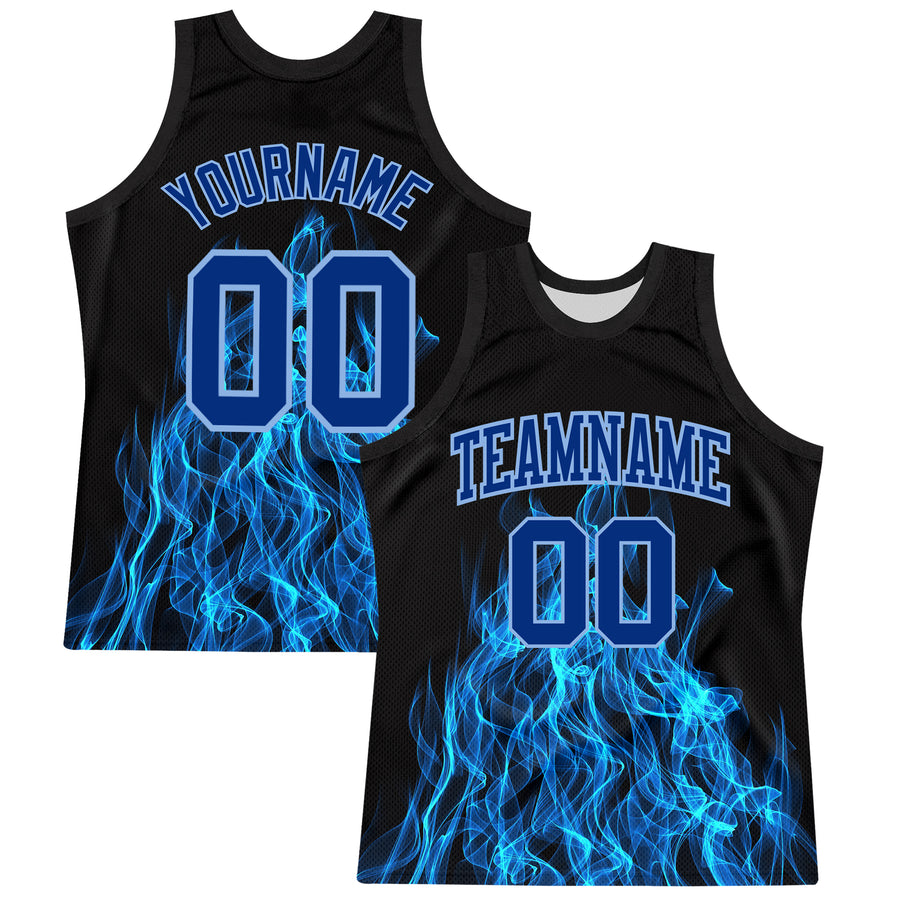 Custom Black Royal-Light Blue Flame Round Neck Sublimation Basketball Suit Jersey