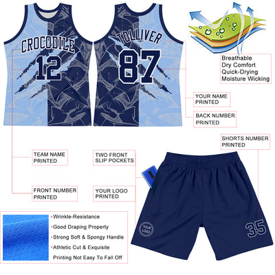 Custom Graffiti Pattern Navy Light Blue-White Scratch Round Neck Sublimation Basketball Suit Jersey