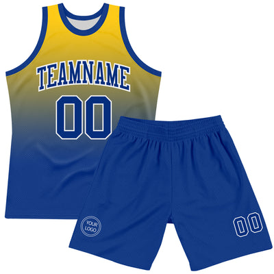 Custom Yellow Royal-White Fade Fashion Round Neck Sublimation Basketball Suit Jersey