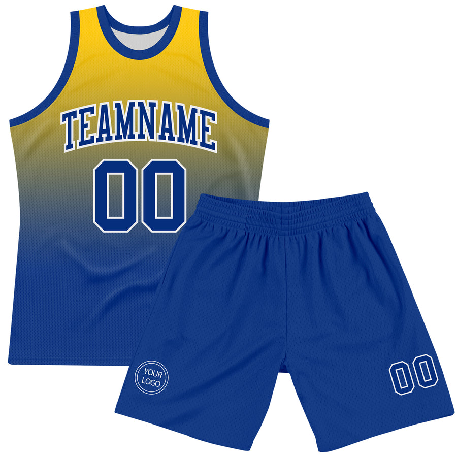 Custom Yellow Royal-White Fade Fashion Round Neck Sublimation Basketball Suit Jersey