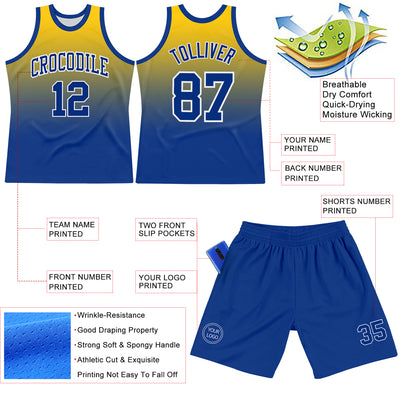 Custom Yellow Royal-White Fade Fashion Round Neck Sublimation Basketball Suit Jersey