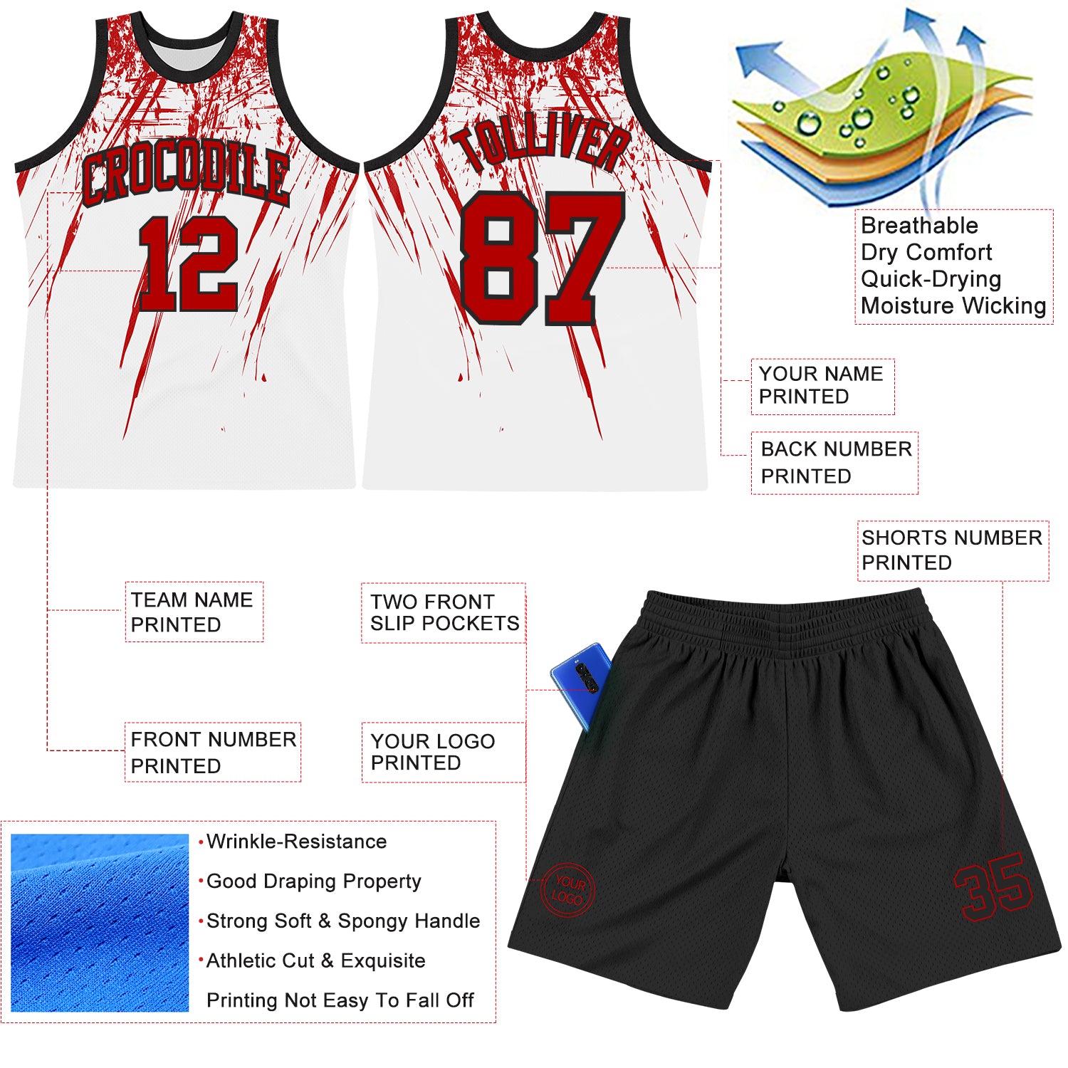 Custom White Red-Black Splash Round Neck Sublimation Basketball Suit Jersey
