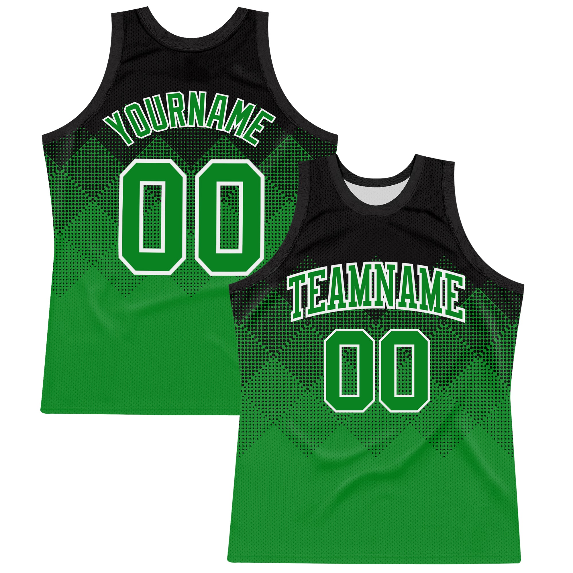 Custom Black Grass Green-White Gradient Square Shapes Round Neck Sublimation Basketball Suit Jersey