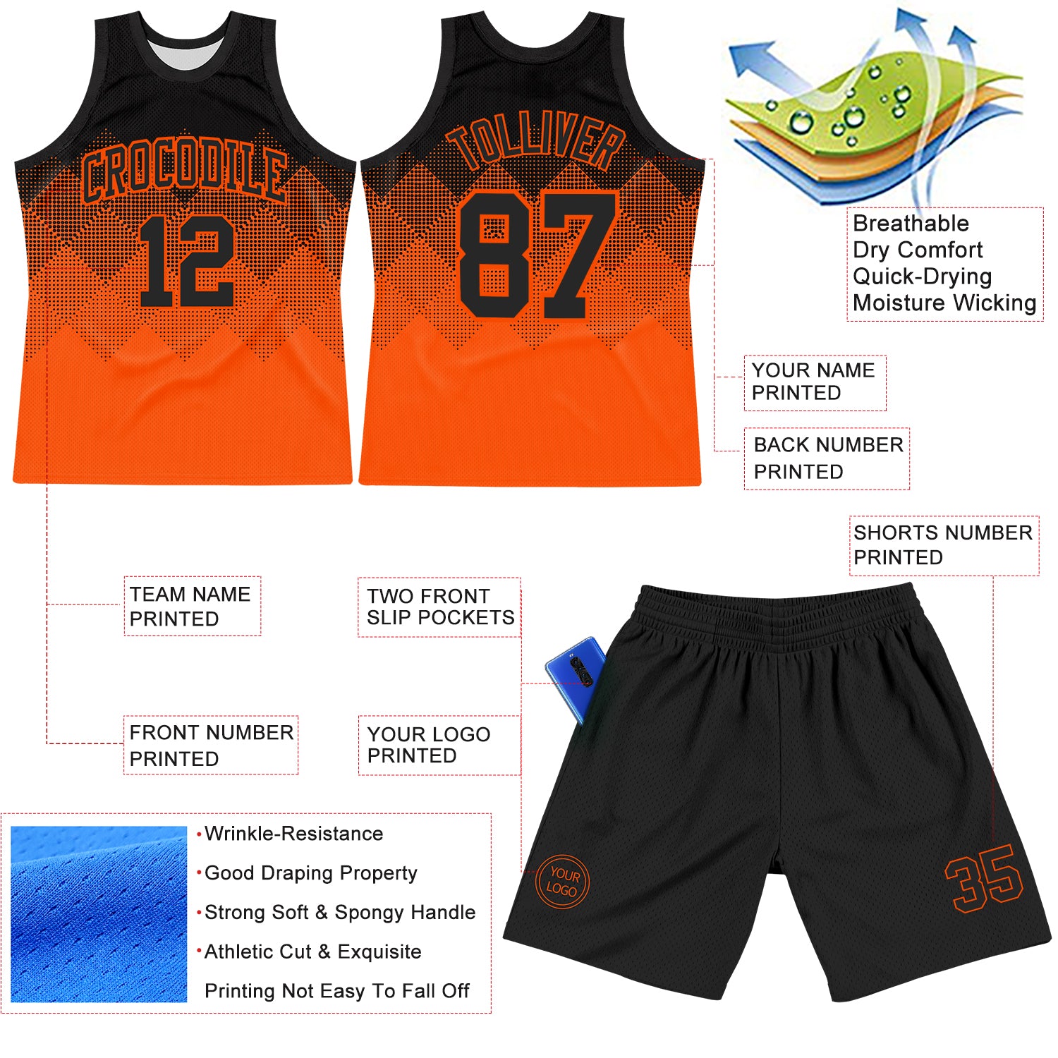 Custom Black Orange Gradient Square Shapes Round Neck Sublimation Basketball Suit Jersey