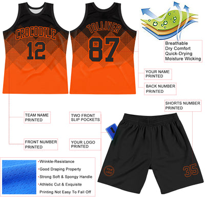 Custom Black Orange Gradient Square Shapes Round Neck Sublimation Basketball Suit Jersey