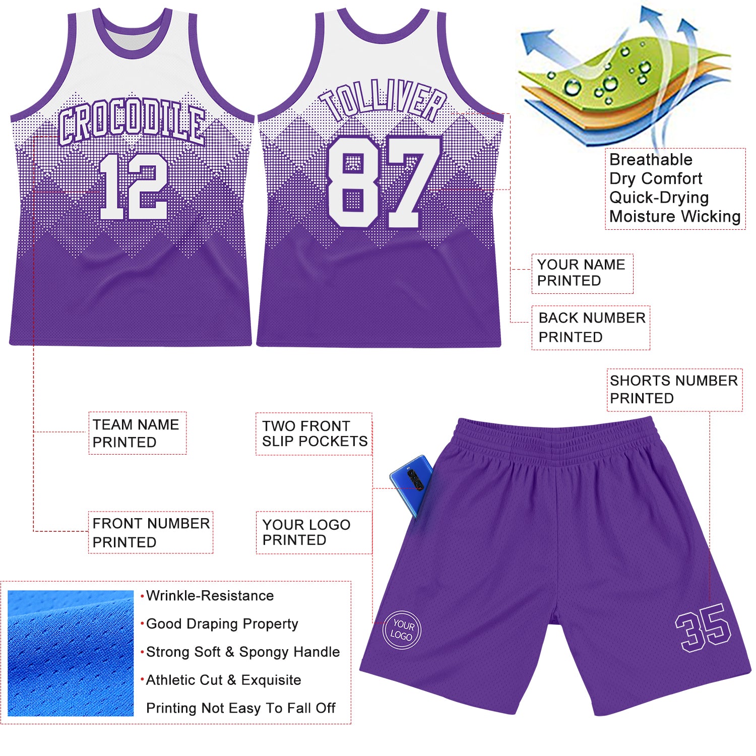 Custom White Purple Gradient Square Shapes Round Neck Sublimation Basketball Suit Jersey