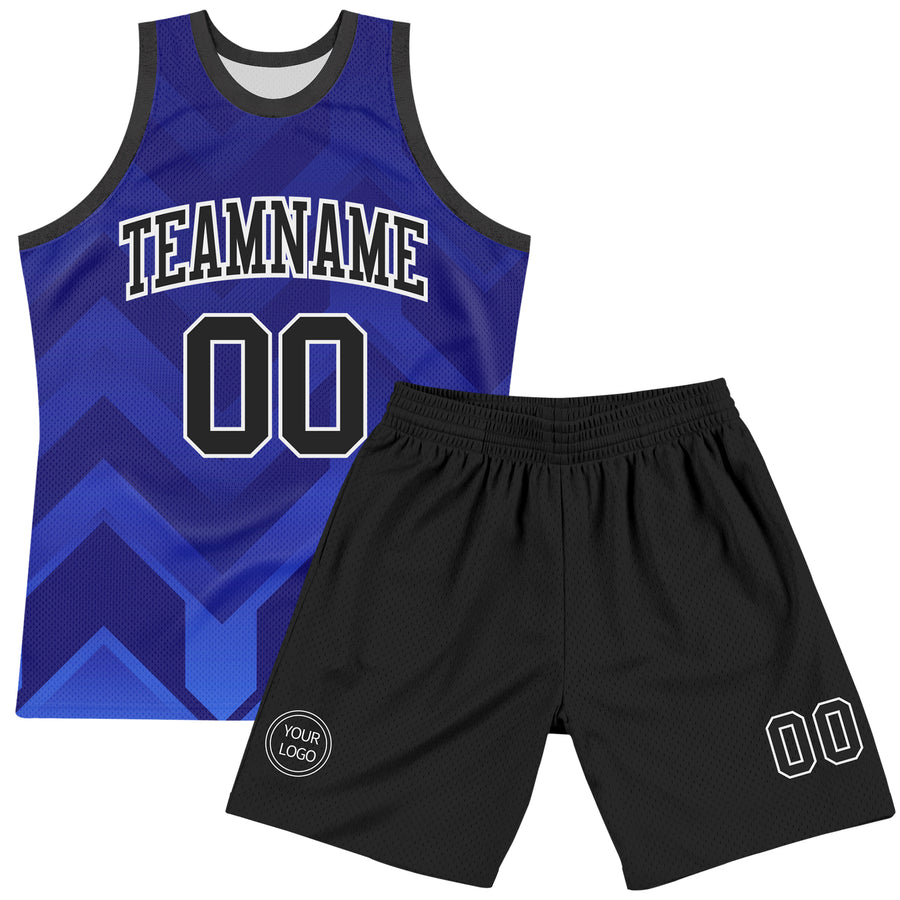 Custom Dark Purple Black Royal-White Geometric Shape Round Neck Sublimation Basketball Suit Jersey