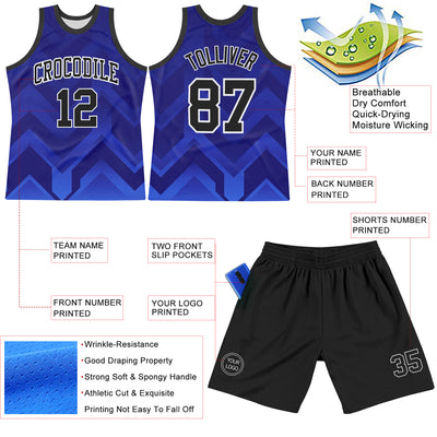Custom Dark Purple Black Royal-White Geometric Shape Round Neck Sublimation Basketball Suit Jersey