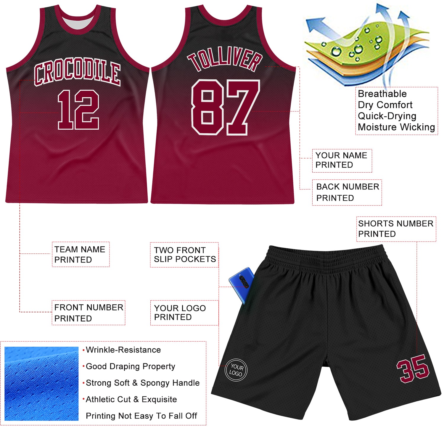 Custom Black Crimson-White Fade Fashion Round Neck Sublimation Basketball Suit Jersey