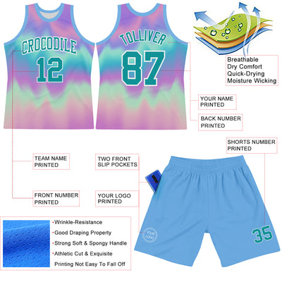 Custom Tie Dye Teal-White Round Neck Sublimation Basketball Suit Jersey
