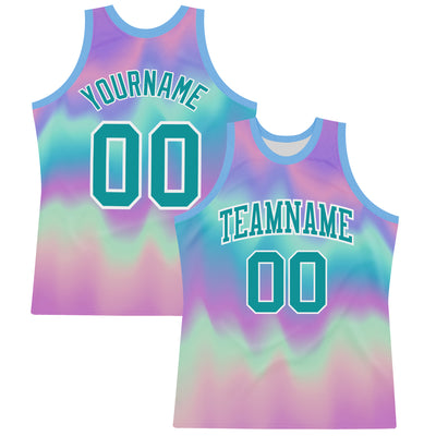 Custom Tie Dye Teal-White Round Neck Sublimation Basketball Suit Jersey